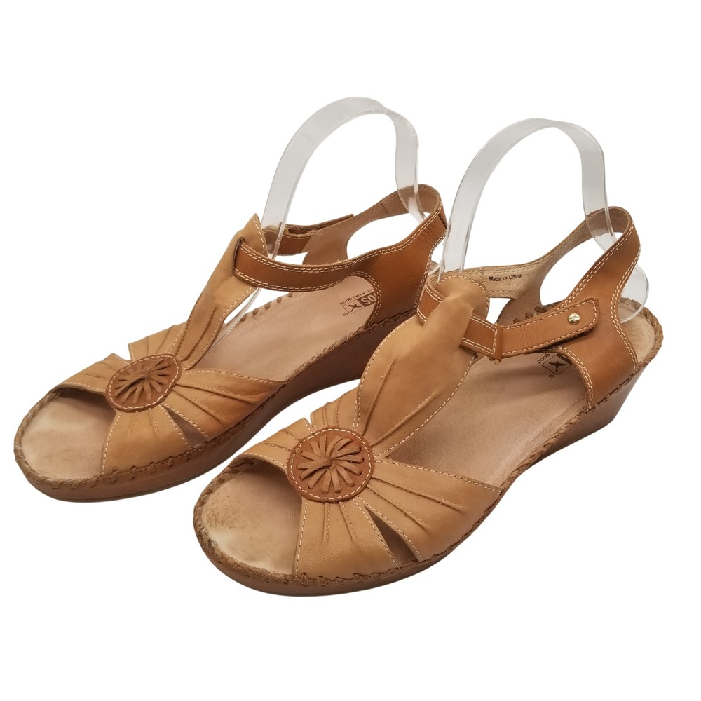 Pikolinos Women Tan Leather T-Strap‎ Wedge Sandals  41 Floral Cutout Peep Toe